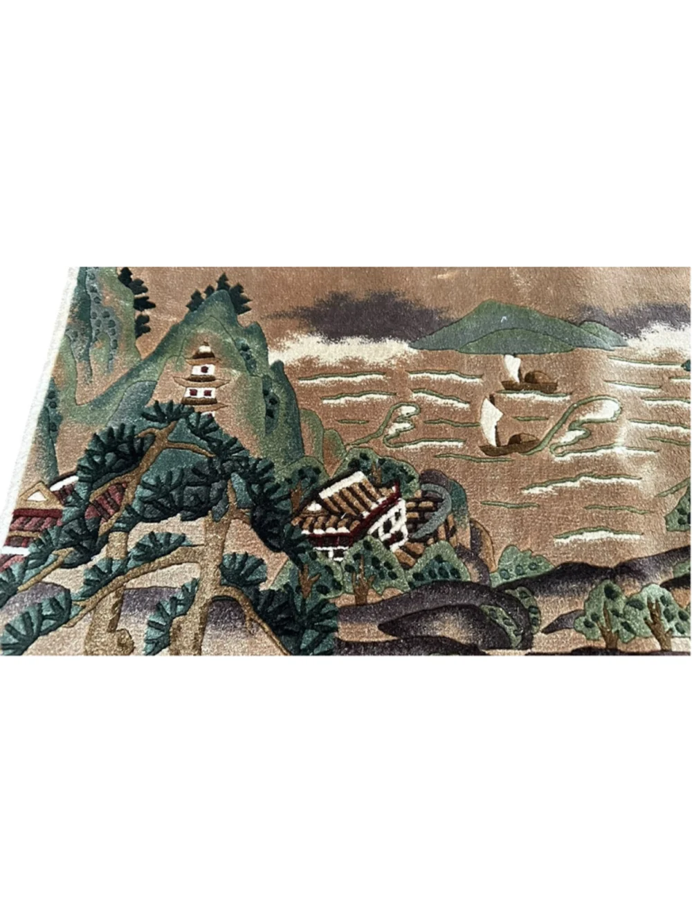 Vintage Chinese Silk Landscape Rug Tapestry Pagoda Sailboat